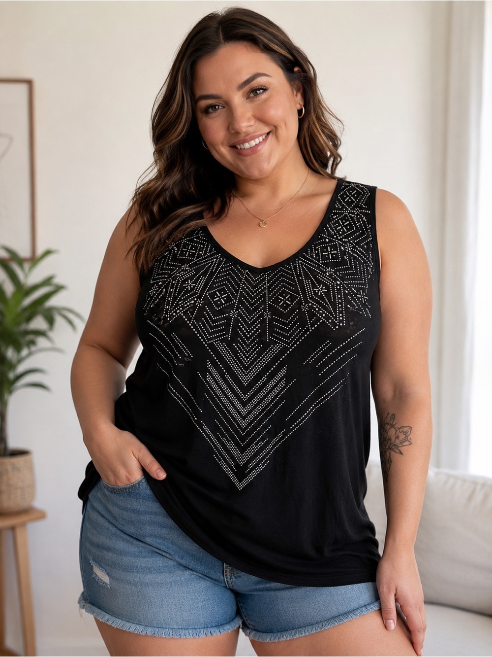 Black Geometric Print Tank Top – Women’s 1X – No Brand